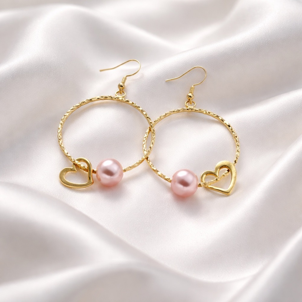 Gold Hoop Earrings with Pink Pearl and Heart Accent